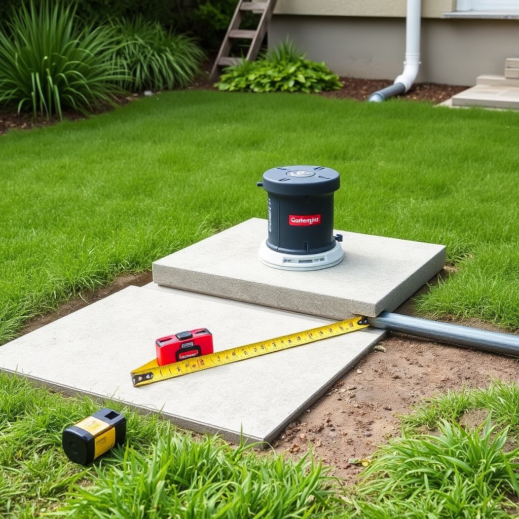 A photorealistic photo of a leveled concrete pad in a garden
