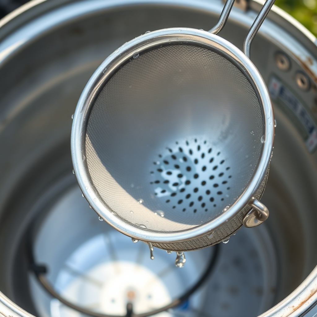 A close-up photorealistic photo of a clean stainless steel sieve being lifted out of a rai
