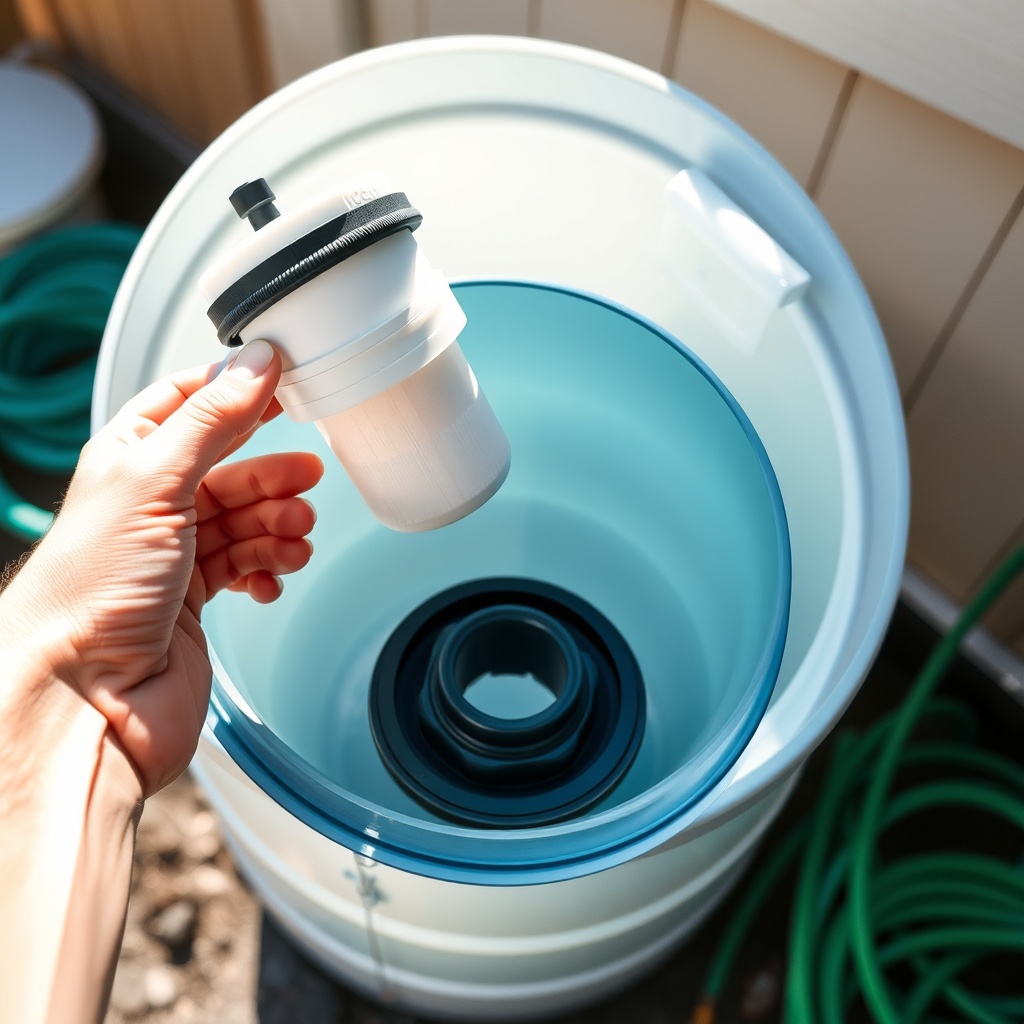 A photorealistic photo of a person holding a disassembled rain barrel filter system in the