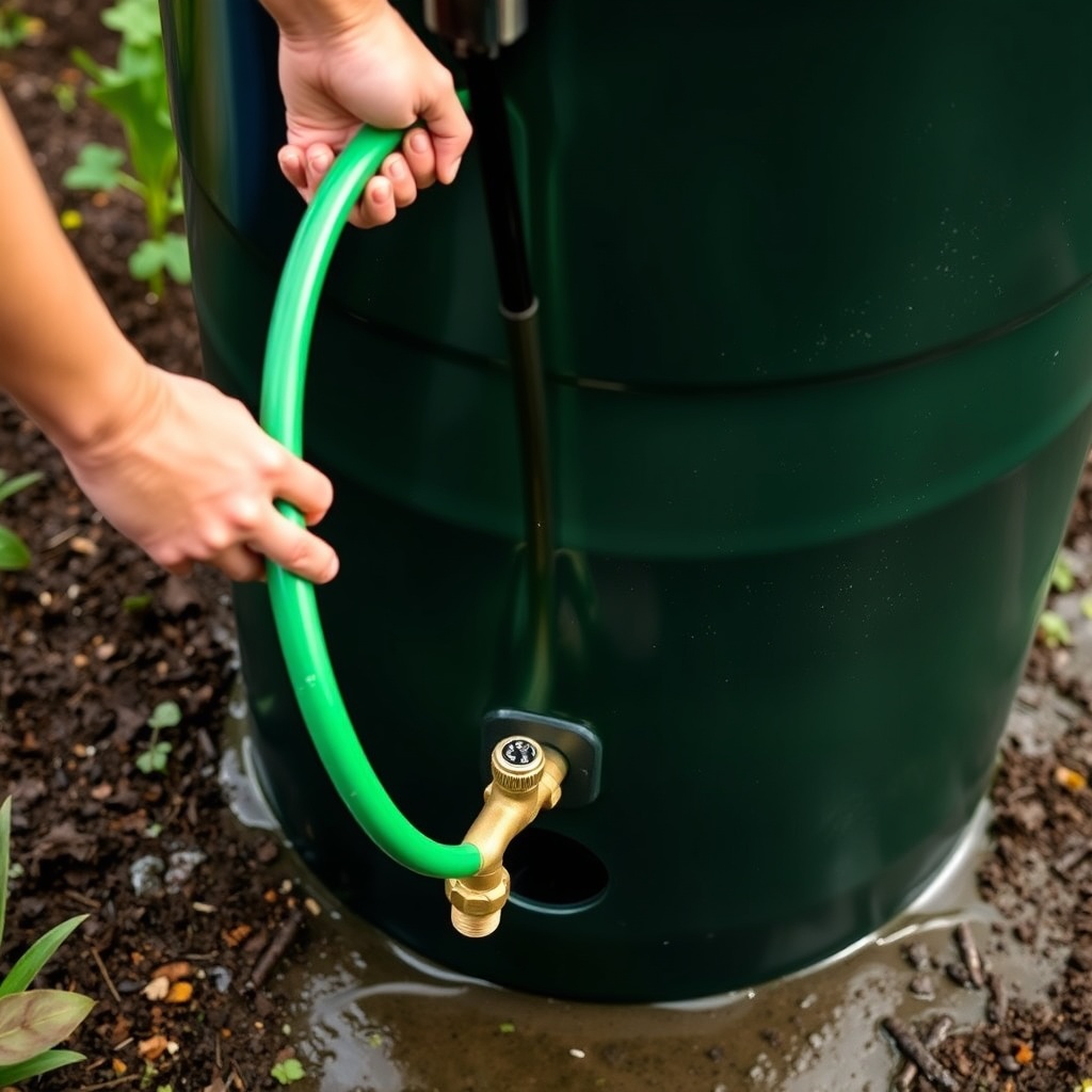 A person attaching a green garden hose to a brass faucet at the bottom of a dark green Gar