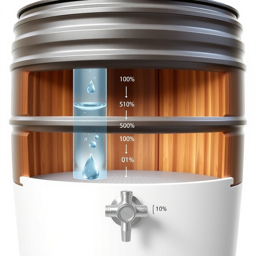 A cutaway diagram of a Gardenpirat rain barrel showing water levels at 100%