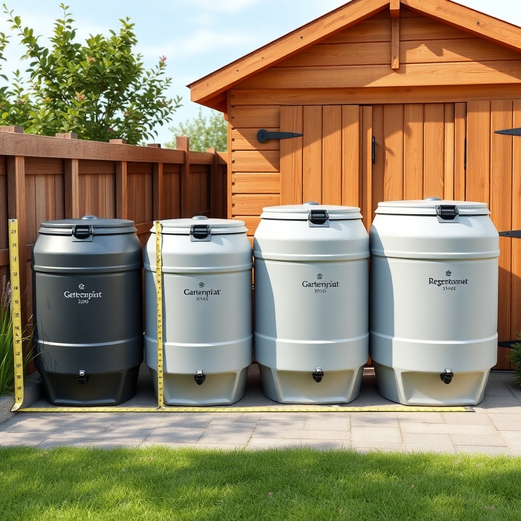 A clean photorealistic photo showing four Gartenpirat Regentonnen in different sizes (150