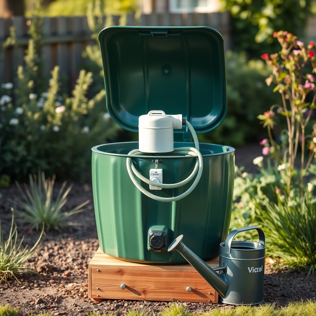 A clean photorealistic photo of a Gartenpirat Regentonne (classic green 210-liter model) s