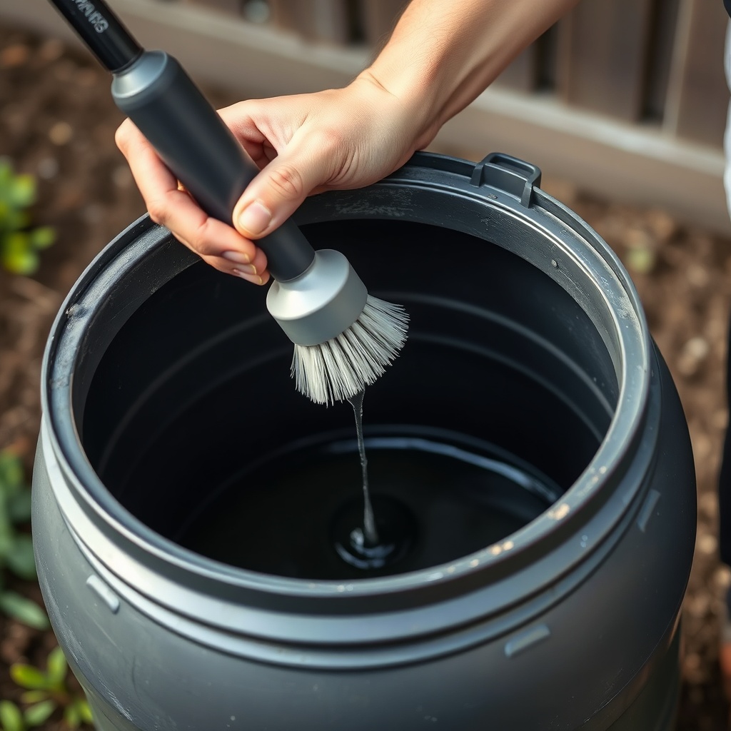A close-up photorealistic photo of a hands holding a clean brush and scrubbing the inside