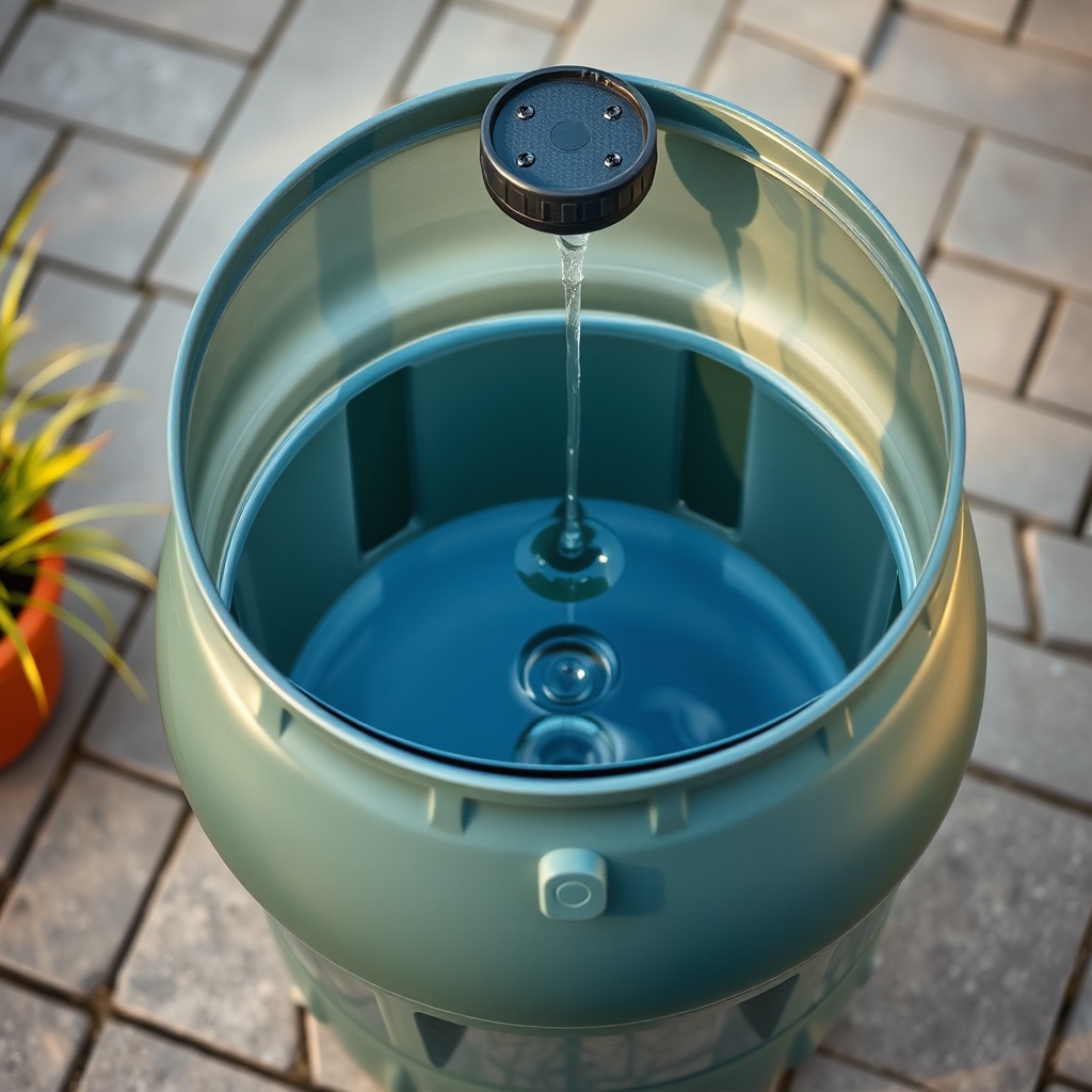 A photorealistic close-up of a full 200-liter Gartenpirat water barrel on a paved patio