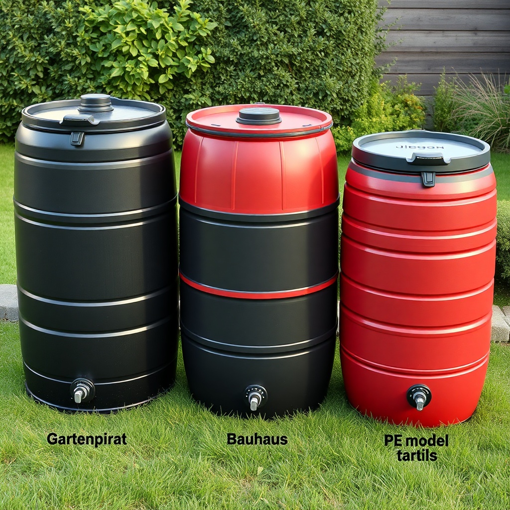 A side-by-side comparison photo of three water barrels: dark green Gartenpirat