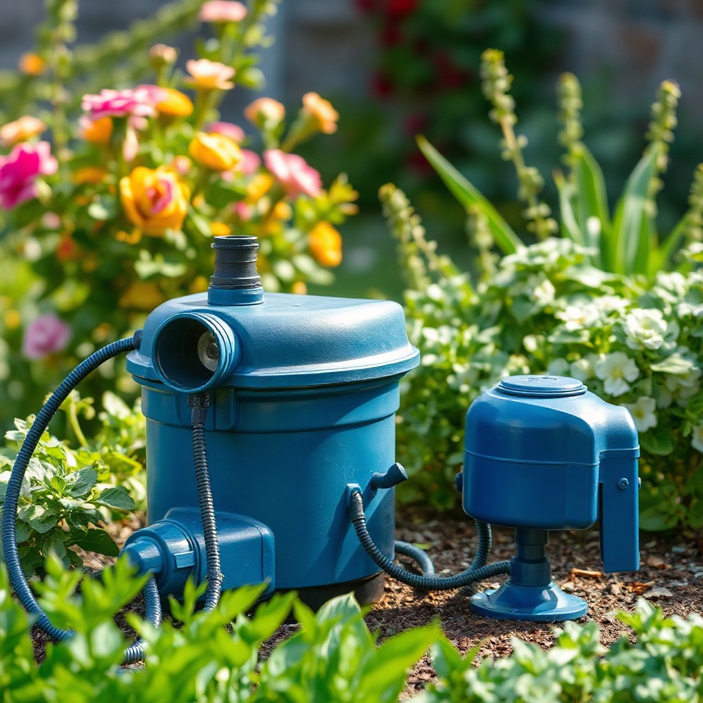 Eine realistische Nahaufnahme einer blauen Gartenpirat Regentonne mit angeschlossener Tauc