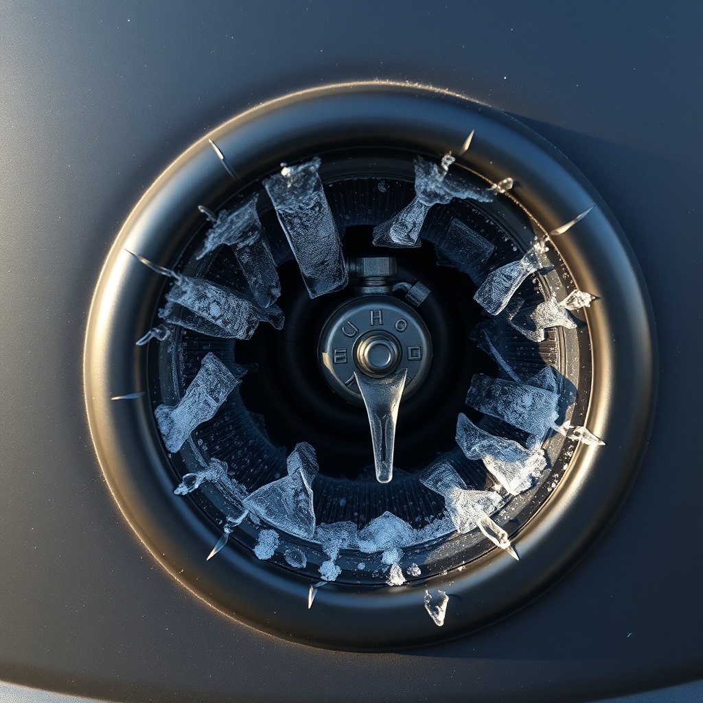 Photorealistic close-up of a garden water barrel with visible frost cracks around the spig