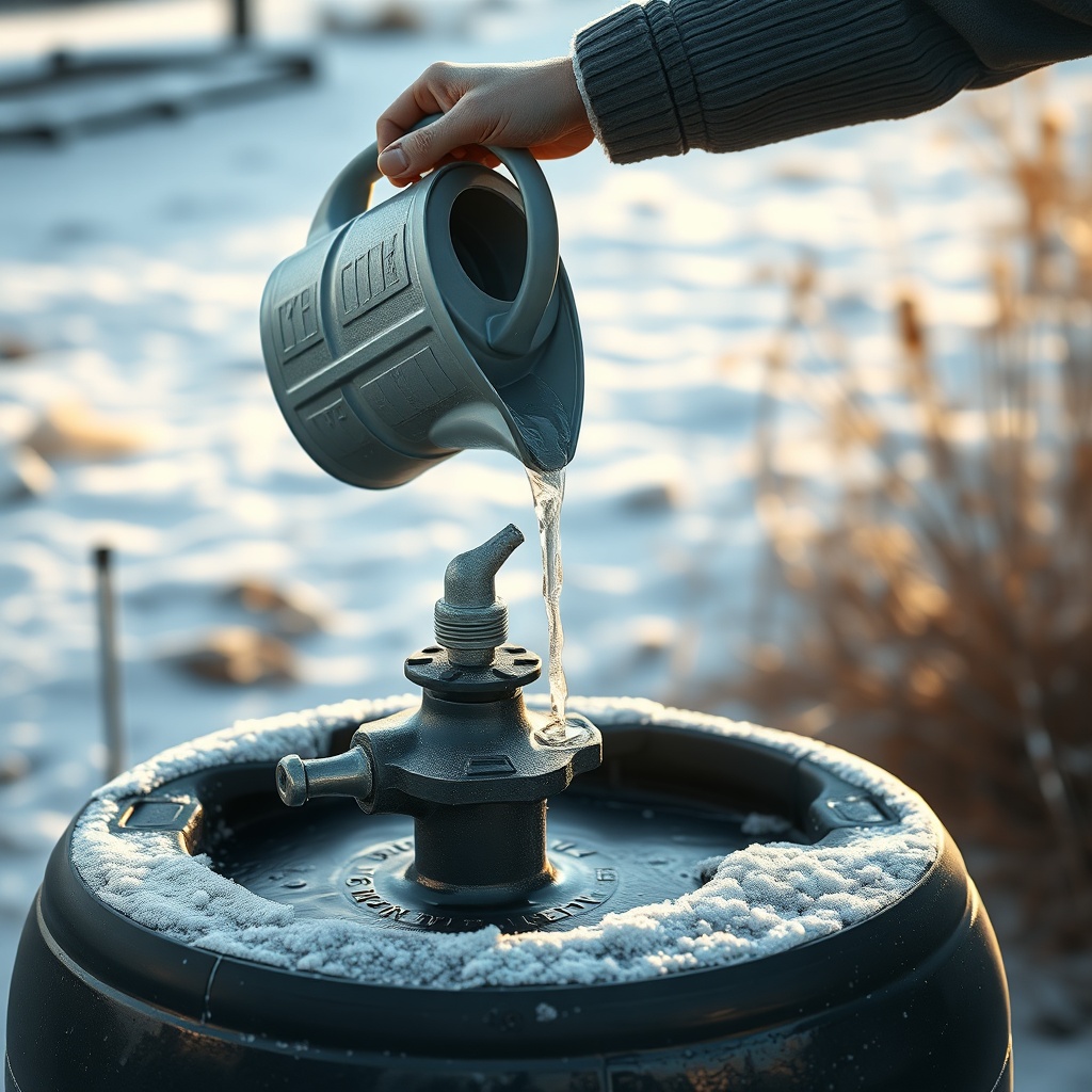 Photorealistic image of a person carefully pouring warm water from a watering can over a f
