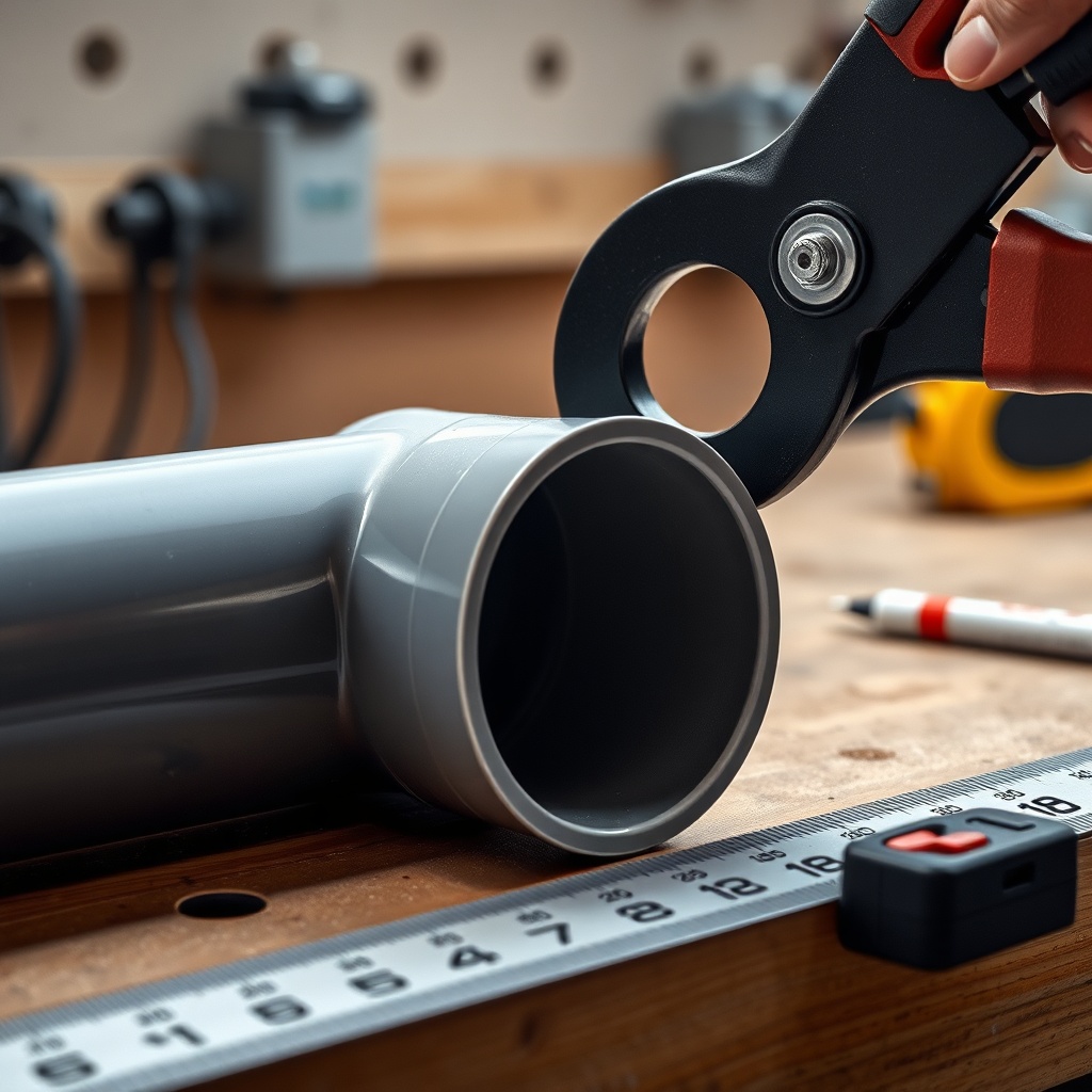 A photorealistic close-up of a clean plastic downpipe being cut with a pipe cutter on a wo