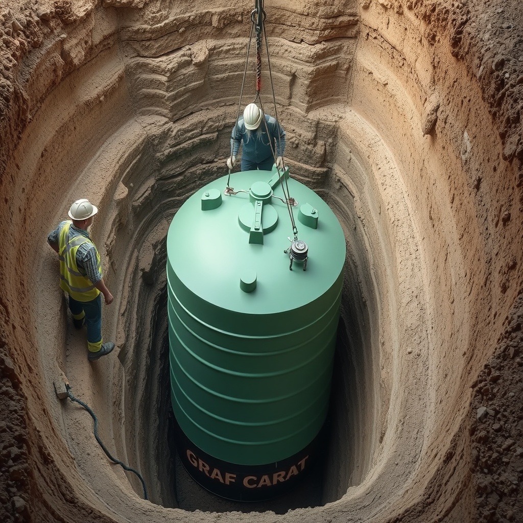 A photorealistic image of a construction team carefully lowering a green Graf Carat tank i