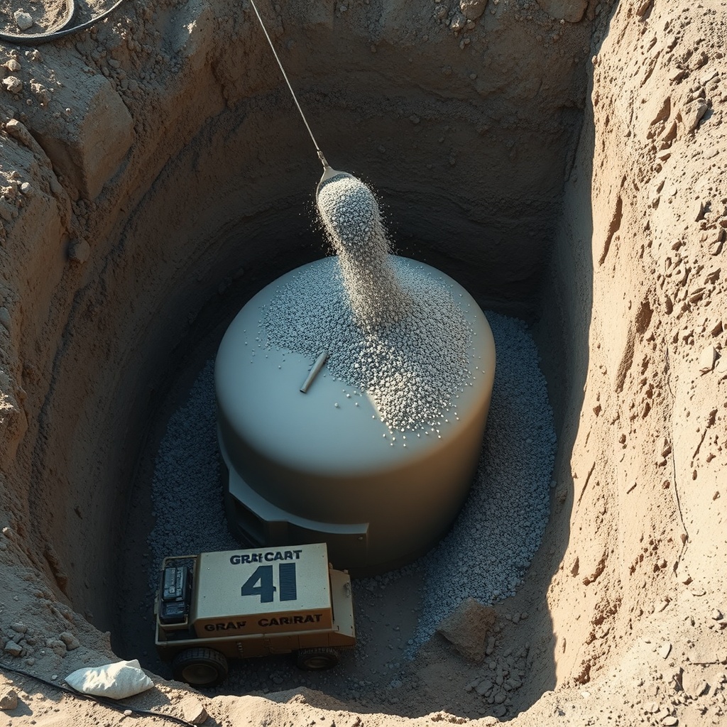 A photorealistic view of a worker spreading gravel around a partially buried Graf Carat ta
