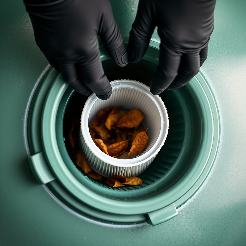 A pair of gloved hands carefully lifting a cylindrical filter cartridge out of a green pla