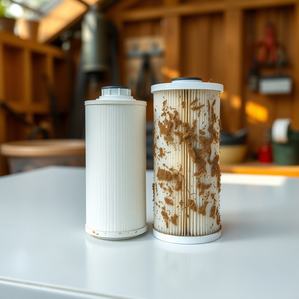 A close-up of two filter cartridges side by side: one clean and white
