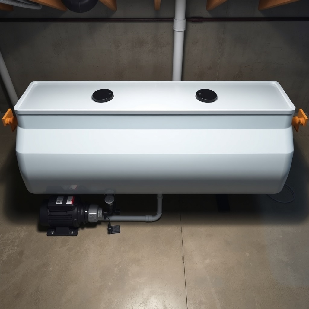 A clean photorealistic top-down view of a Graf Carat tank set up indoors in a basement wit