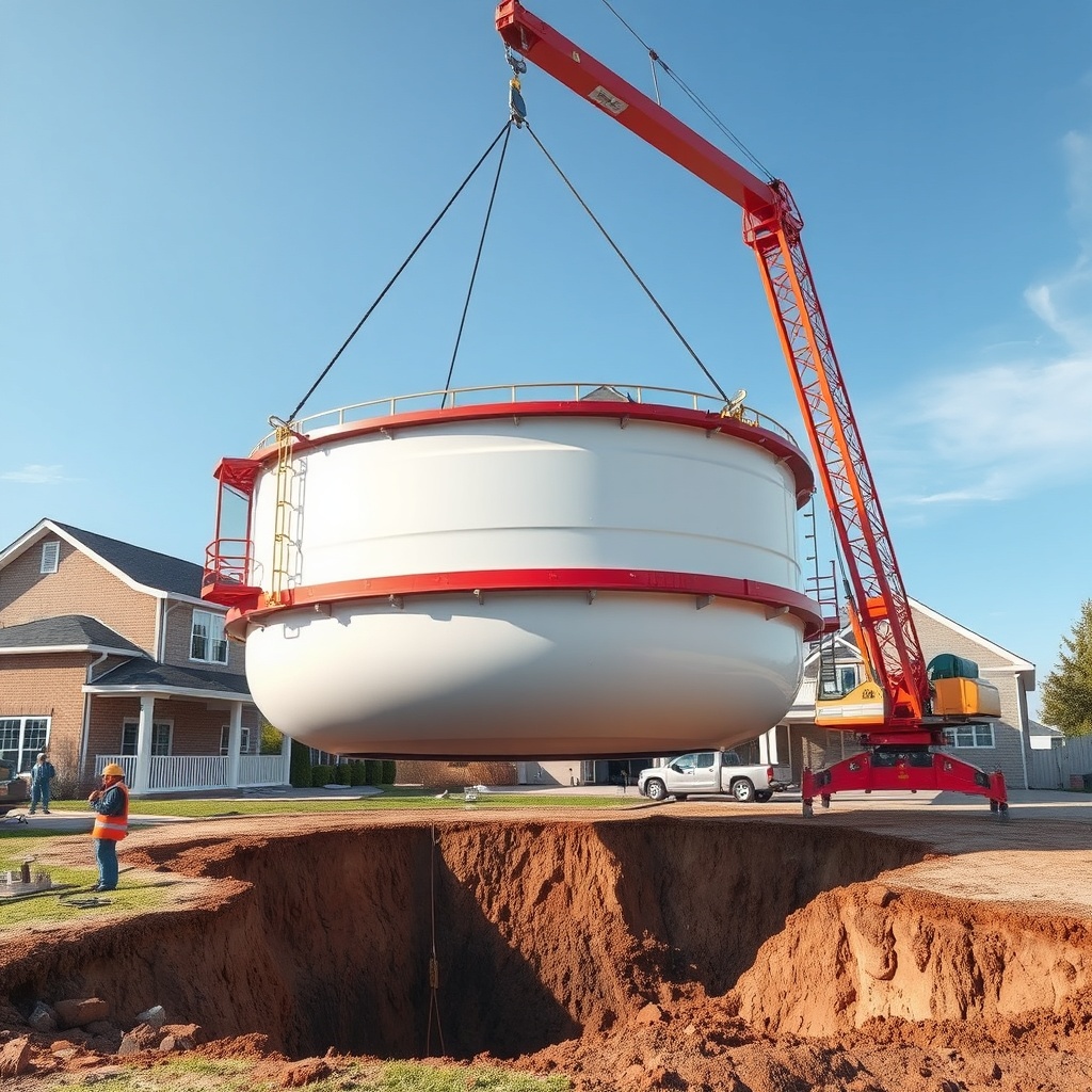 A photorealistic top-down view of a Graf Carat flachtank being lowered into an excavated p