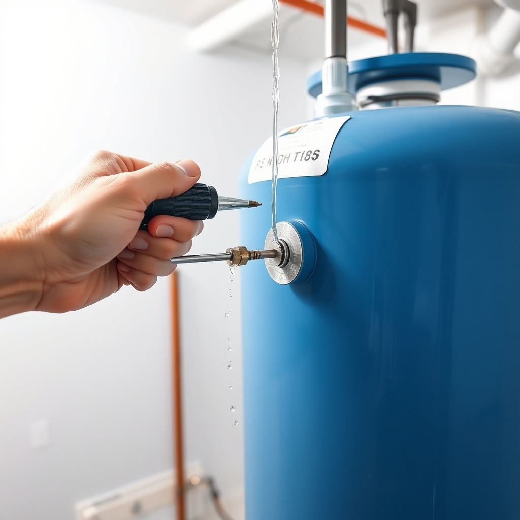 Photorealistic photo of a person opening an air bleeding valve on a blue pressure tank of
