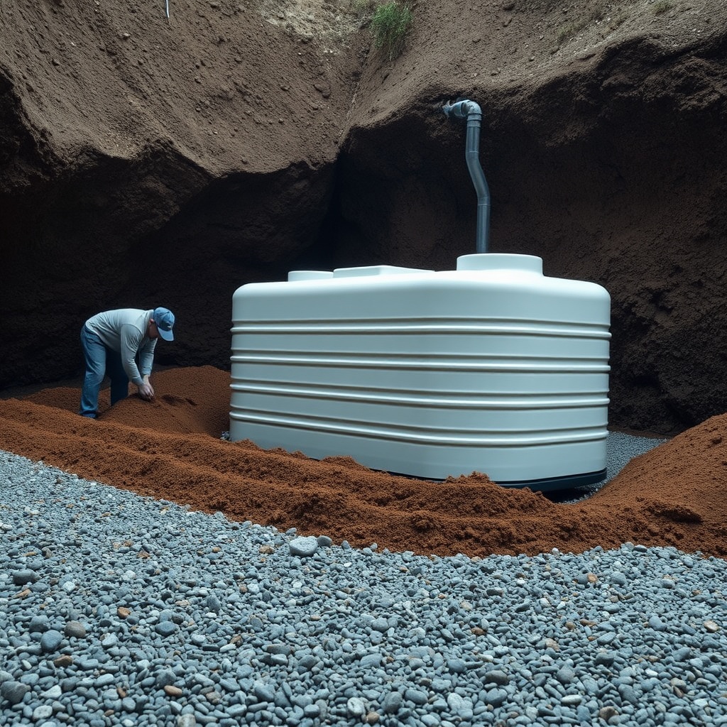 A clean underground installation photo showing the Graf Carat 3000 liter tank in a gravel