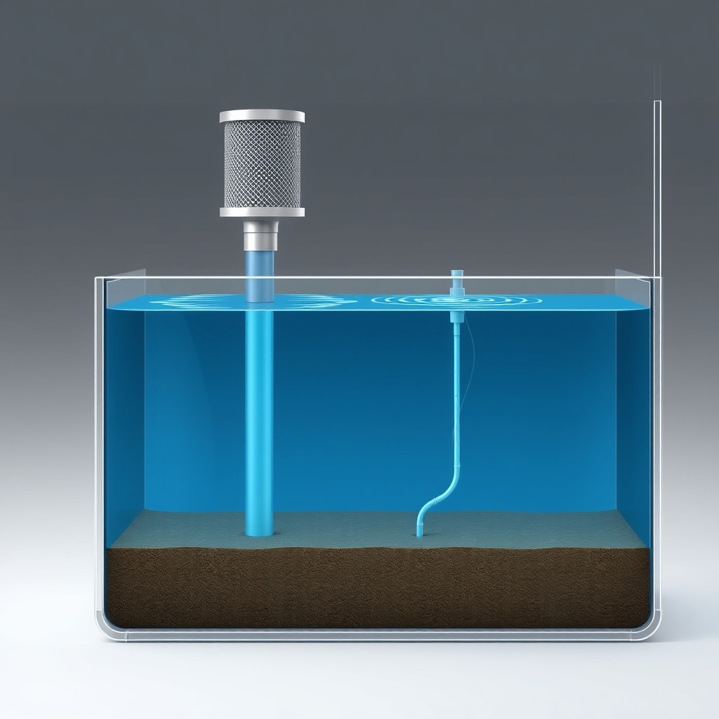 An illustration of a side cutaway view of a Graf Carat tank showing the inlet with a mesh