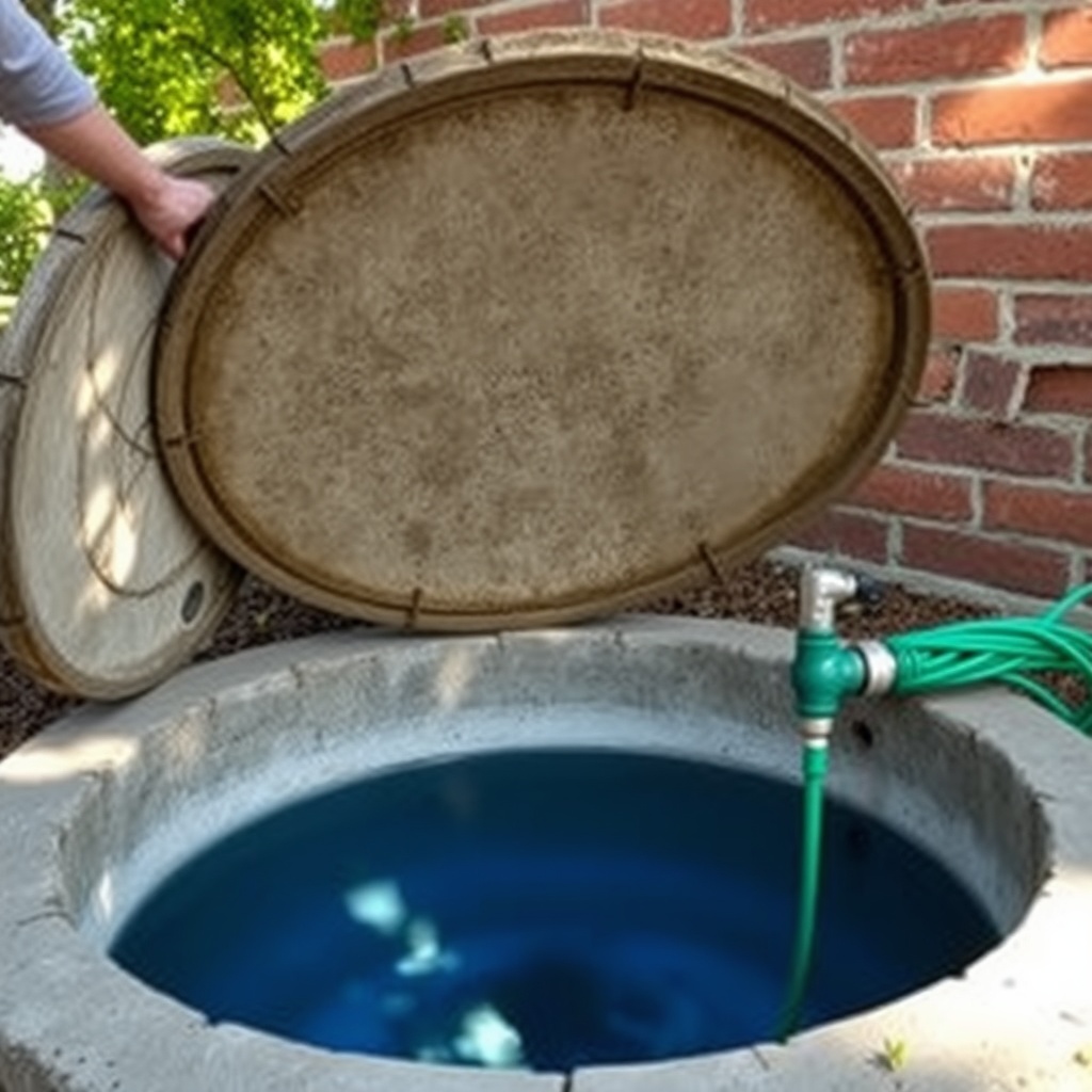 A photorealistic image showing a homeowner inspecting a concrete Mall cistern from an open
