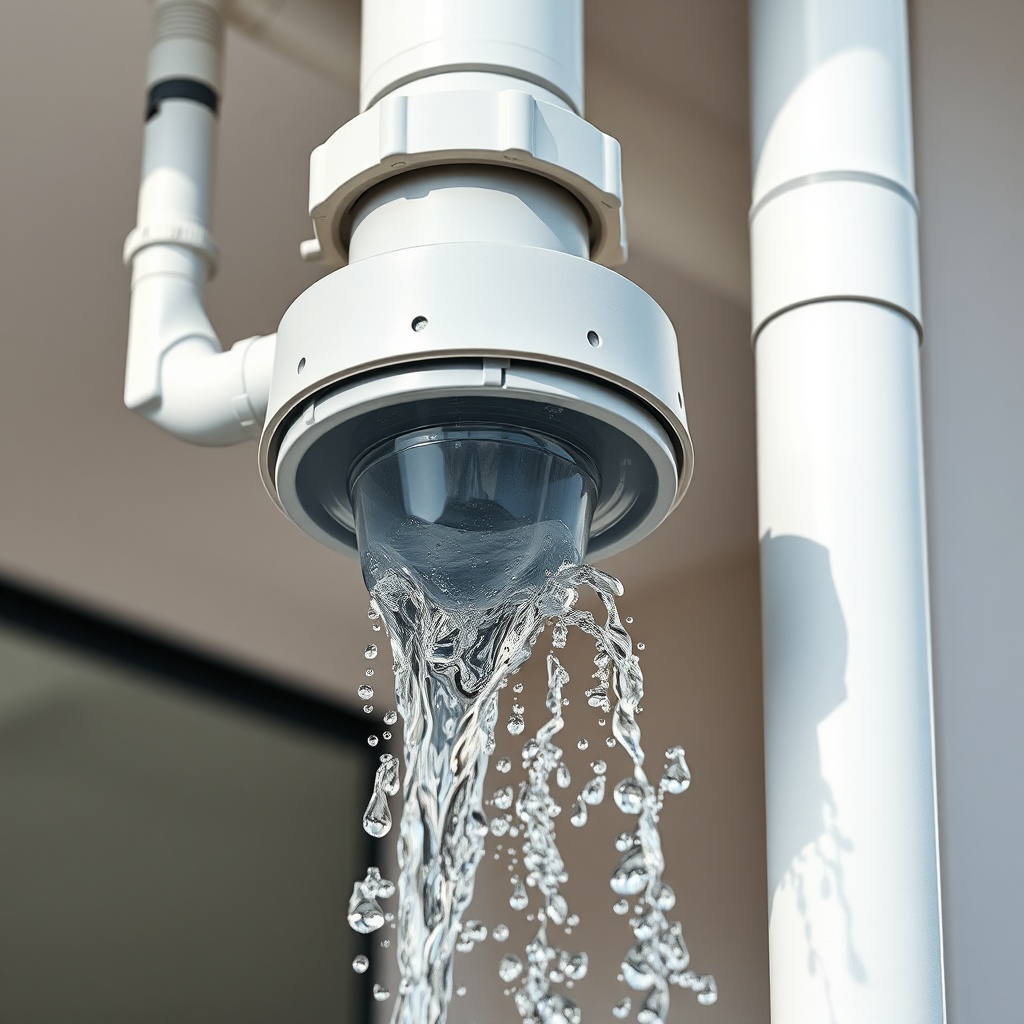 A photorealistic close-up of a rainwater filter installed on the downpipe of a Mall Beton-
