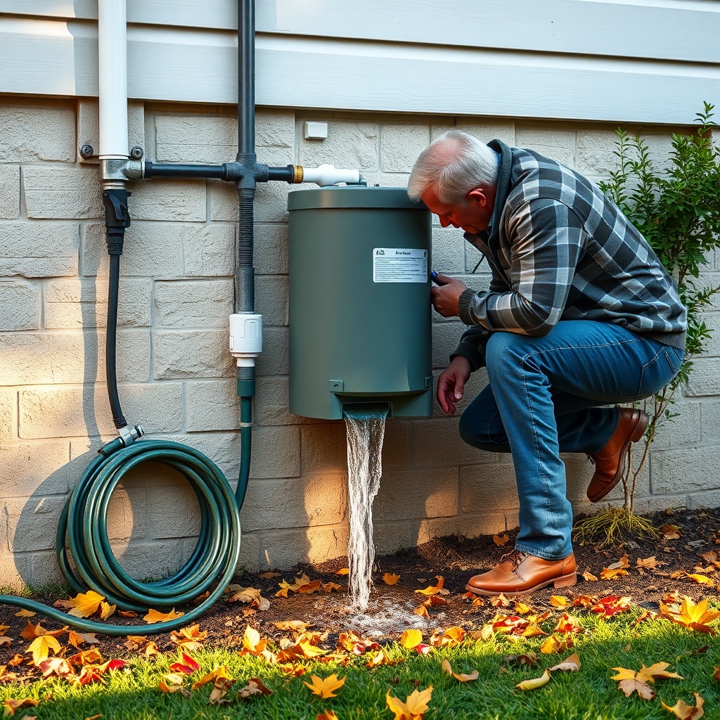 A photorealistic photo of a homeowner inspecting a rainwater filter on a Mall Beton-Zister