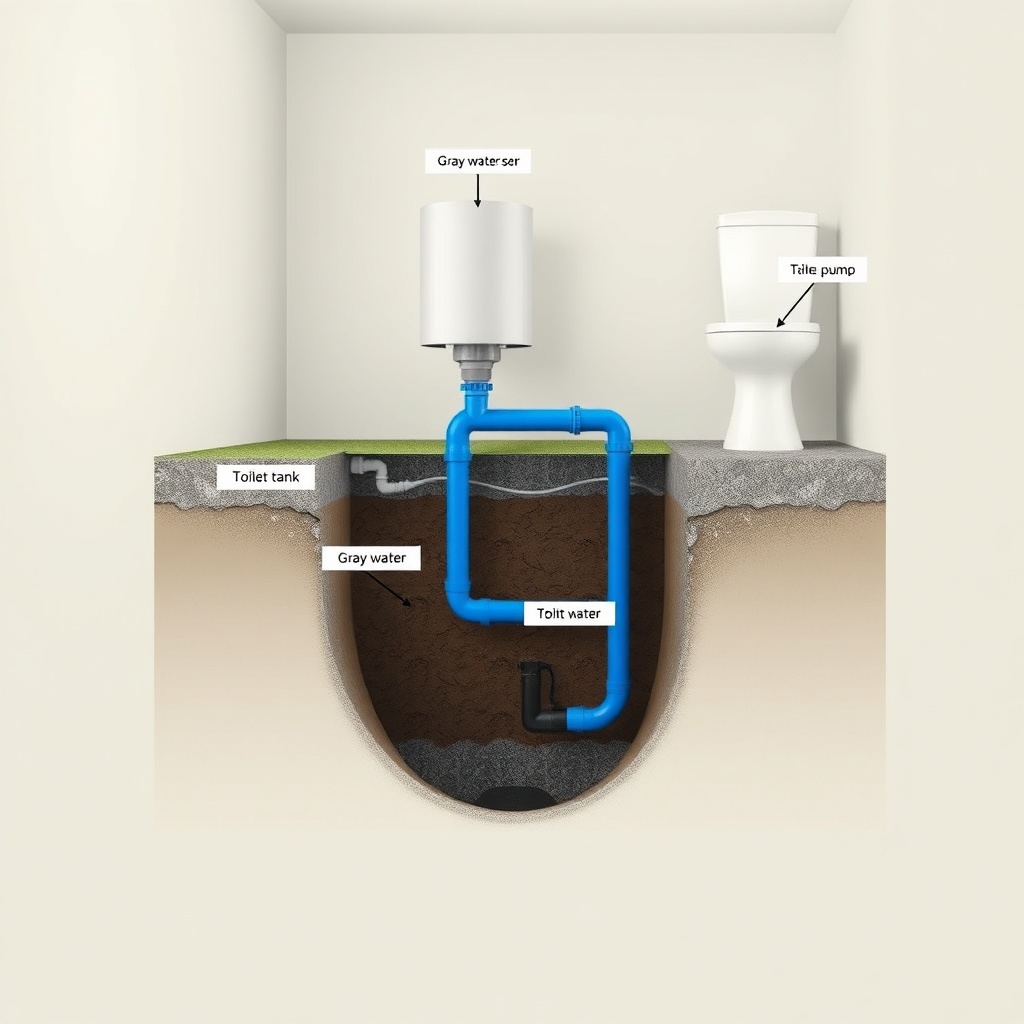 A photorealistic cross-section diagram showing a buried concrete cistern with a blue pipe