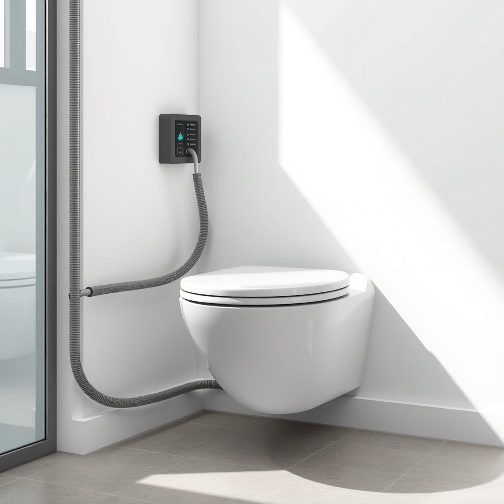 A photorealistic image of a modern bathroom toilet connected to a gray water pipe