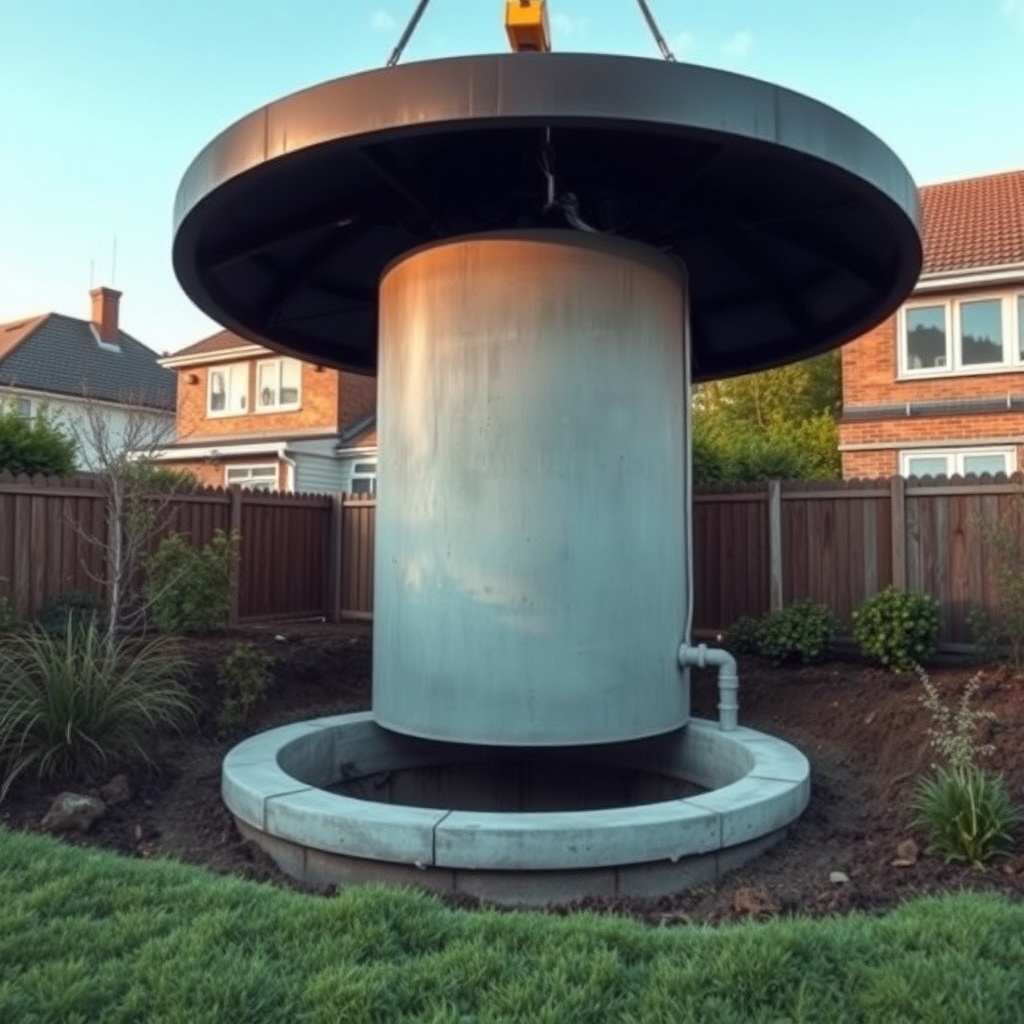 A clean photorealistic photo of a large concrete cistern being lowered into a prepared exc