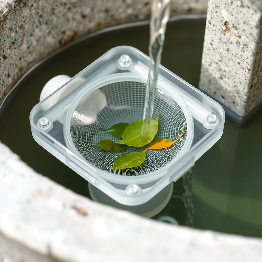 A photorealistic close-up of a transparent acrylic filter housing attached to a concrete c