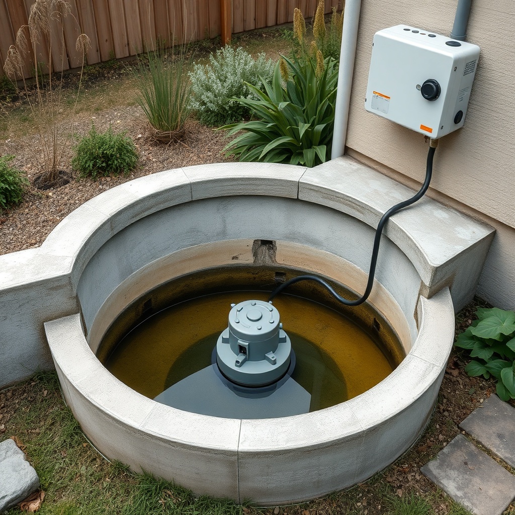 A realistic photo showing a cross-section of a concrete cistern in a garden