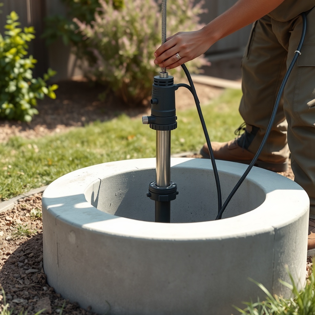 A clean photorealistic image of a person in work clothes lowering a submersible pump into