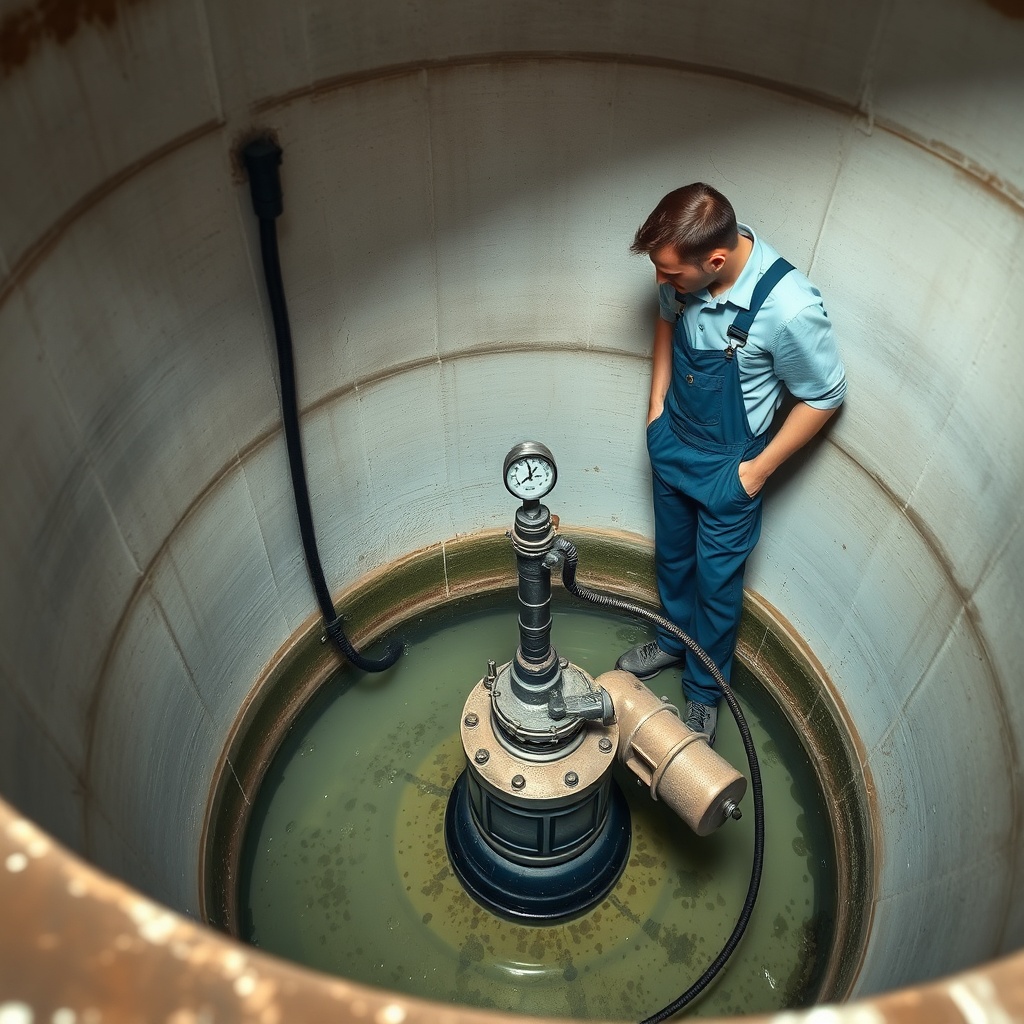 A photo showing a professional technician in overalls inspecting a submerged pump inside a