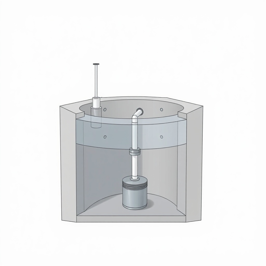 A cutaway illustration of a Mall reinforced concrete cistern showing a submersible pump wi