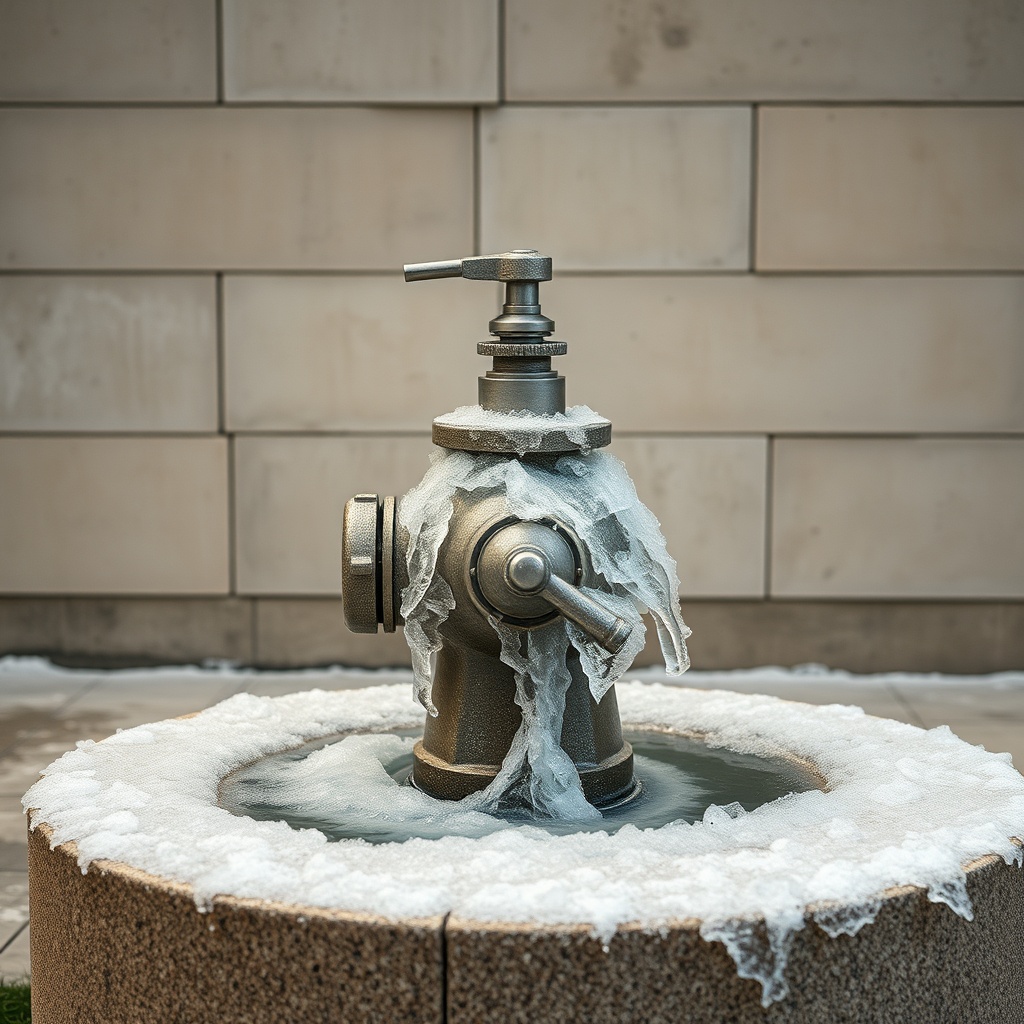 Nahaufnahme einer frostgefährdeten Pumpe an einer Mall Beton-Zisterne mit Eiskristallen au