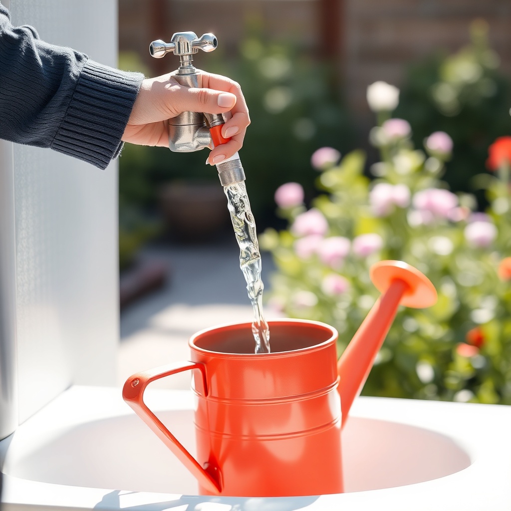 <A photorealistic photo of a person opening the tap of a Gartenpirat Regentonne