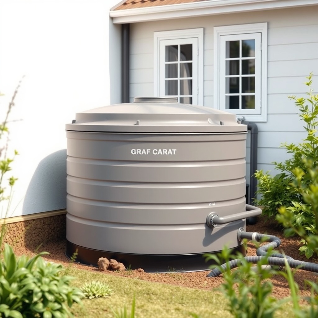 <Clean photorealistic photo of a Graf Carat underground tank being installed in a garden