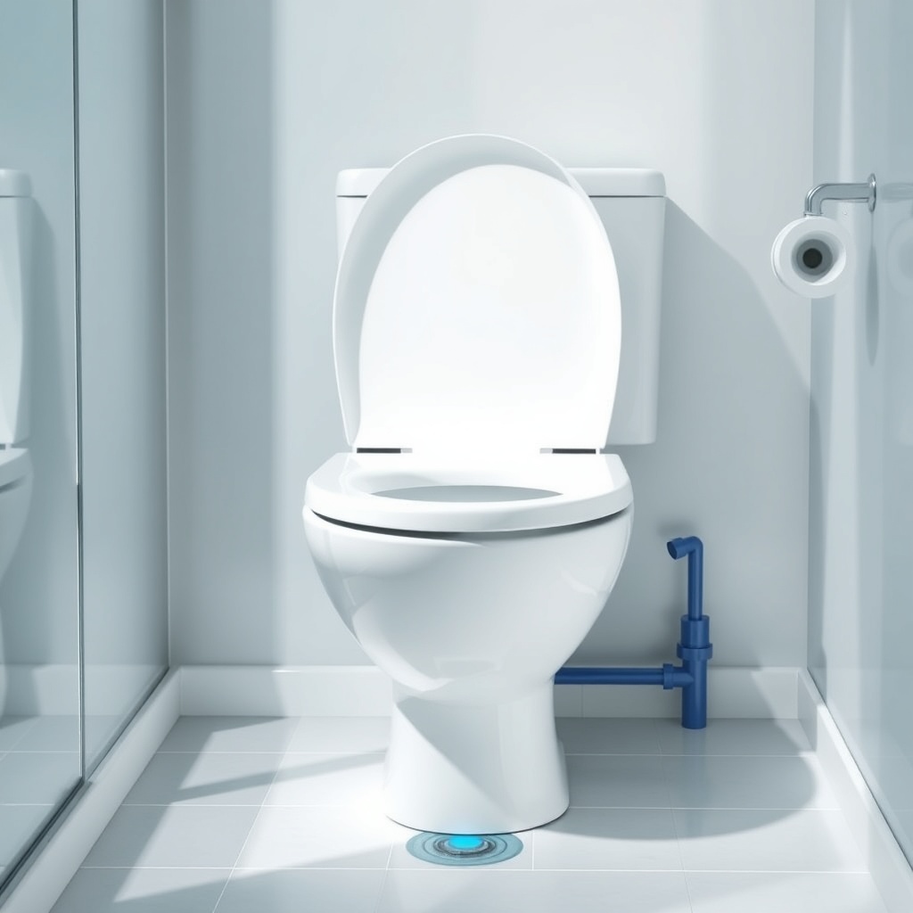 <Clean photorealistic photo of a toilet in a modern bathroom with a separate blue pipe fro